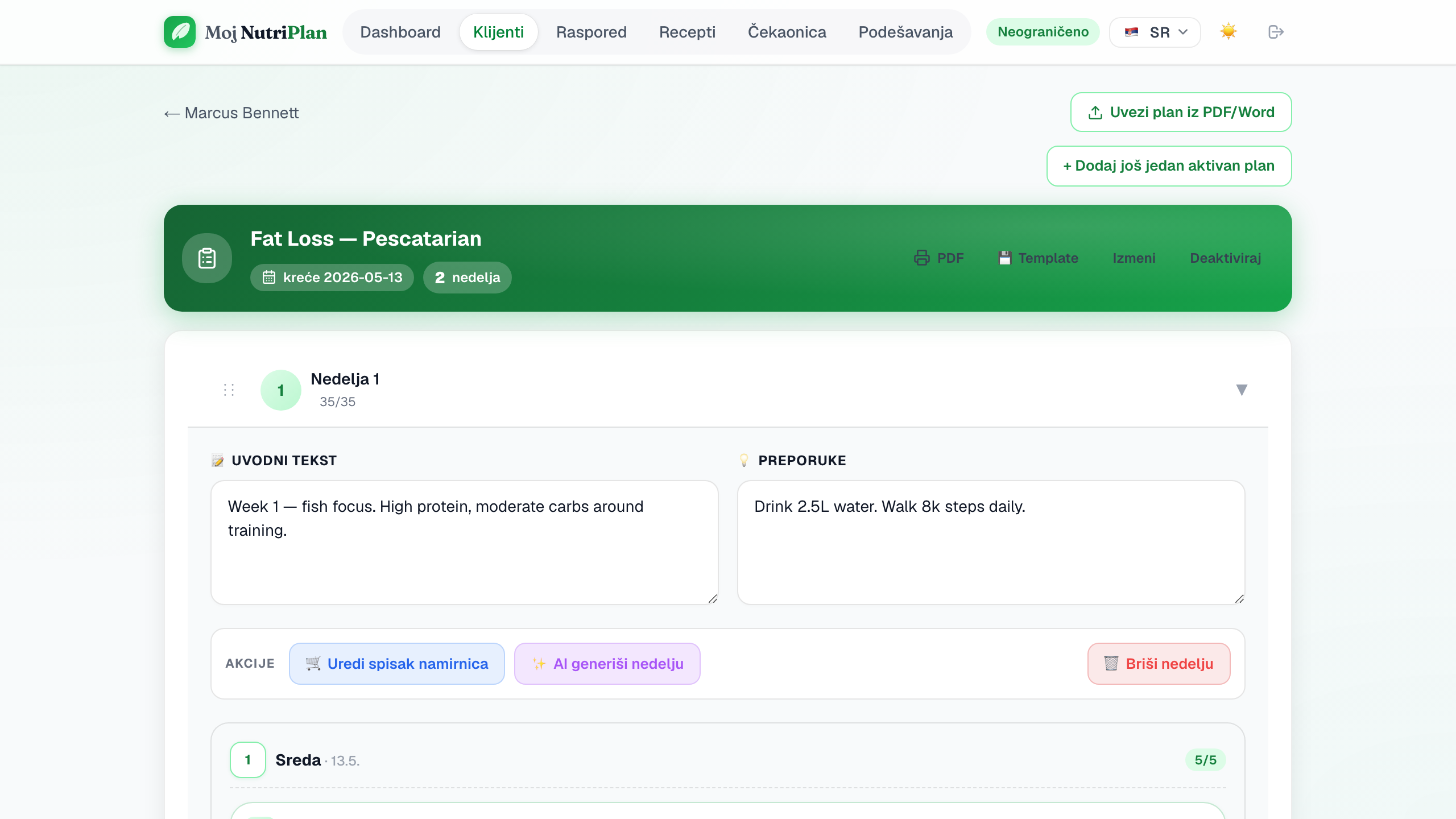 Plan builder Moj NutriPlan-a sa nedeljama, danima i obrocima na jednom ekranu