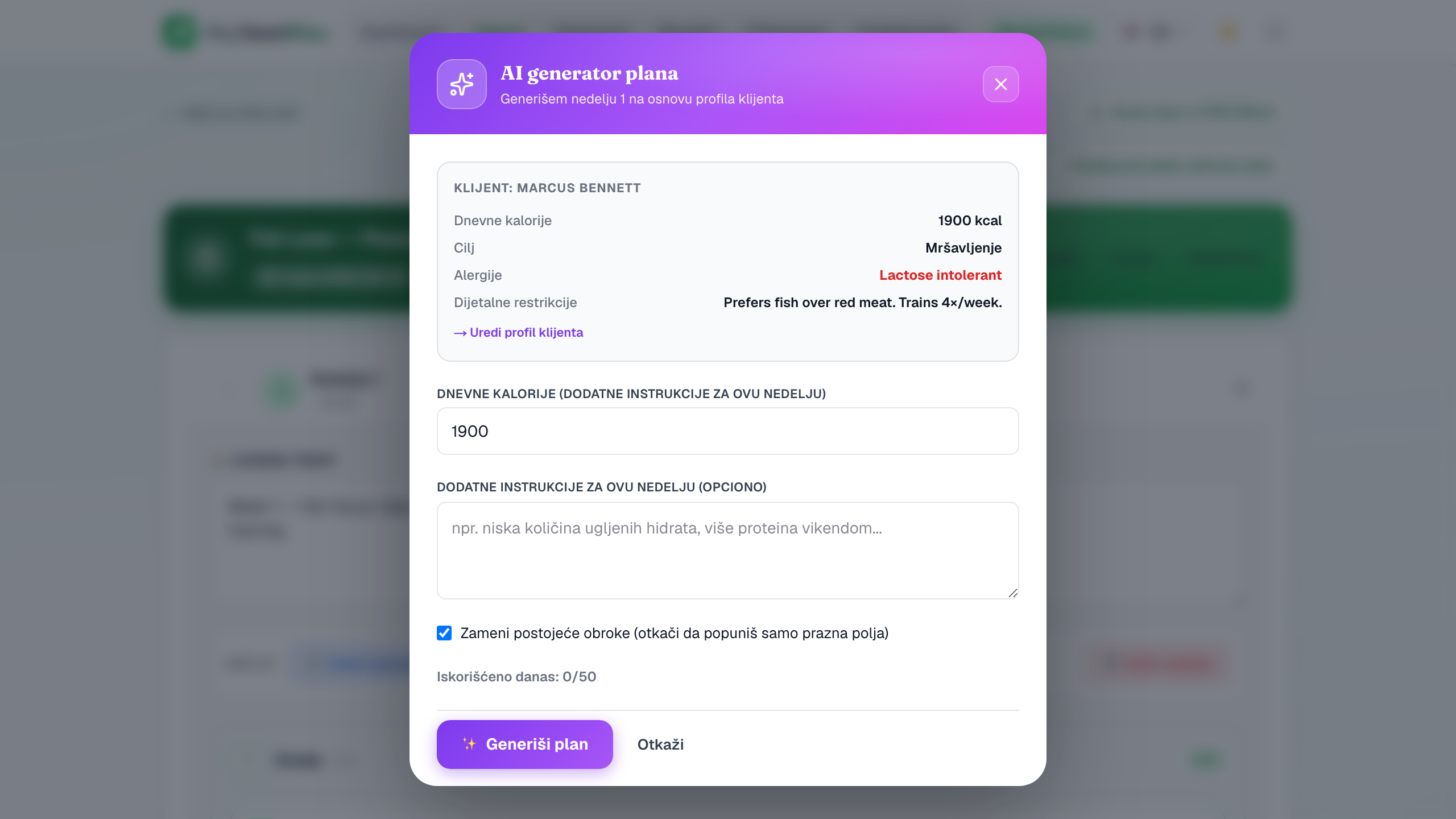 AI generator plana sa ciljem, kalorijama i alergijama klijenta