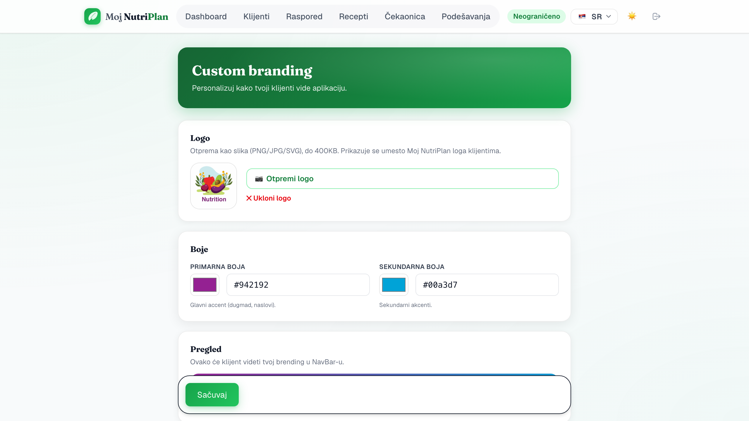 Custom branding: upload logotipa i izbor boja ordinacije